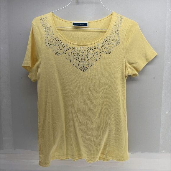 Karen Scott Women Yellow Scoop Neck with Crystal Detail Short-Sleeve T-Shirt L - Picture 1 of 3